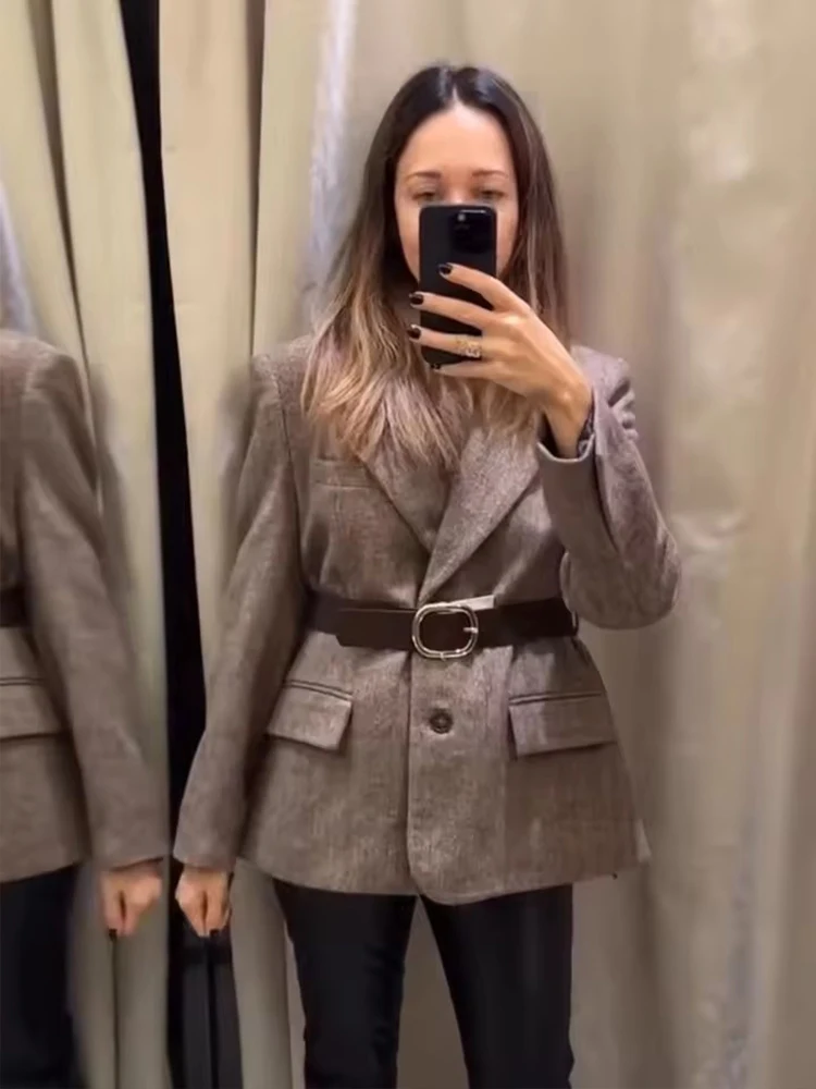 2025 Vintage Women's Blazer Jacket Chic Fashion Twill With Belt Blazers Casual Coat Female High Street Loose New In Outerwear