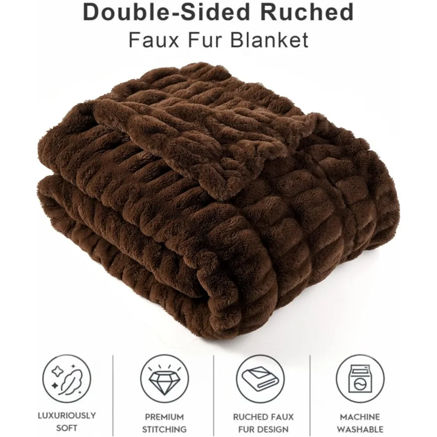 Rust Brown Faux Fur Throw Blanket Large Double Sided Reversible Ruched Rabbit Fur Blanket for Bed Couch 60x80 Inches Soft Warm