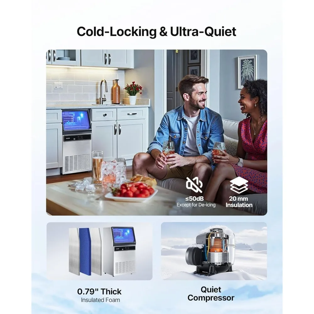 Commercial Stainless Steel Ice Maker, 130 lbs Daily, 33 lbs Bin, 45 Cubes Batch, Freestanding or Under Counter