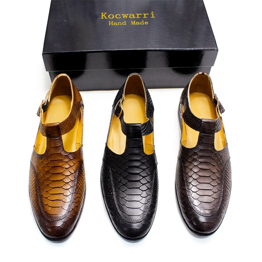 Leather Men's Sandals Snake Pattern Hollow Dress Shoes Casual Style Metal Button Sandals Office Men's Shoes Leather Shoes