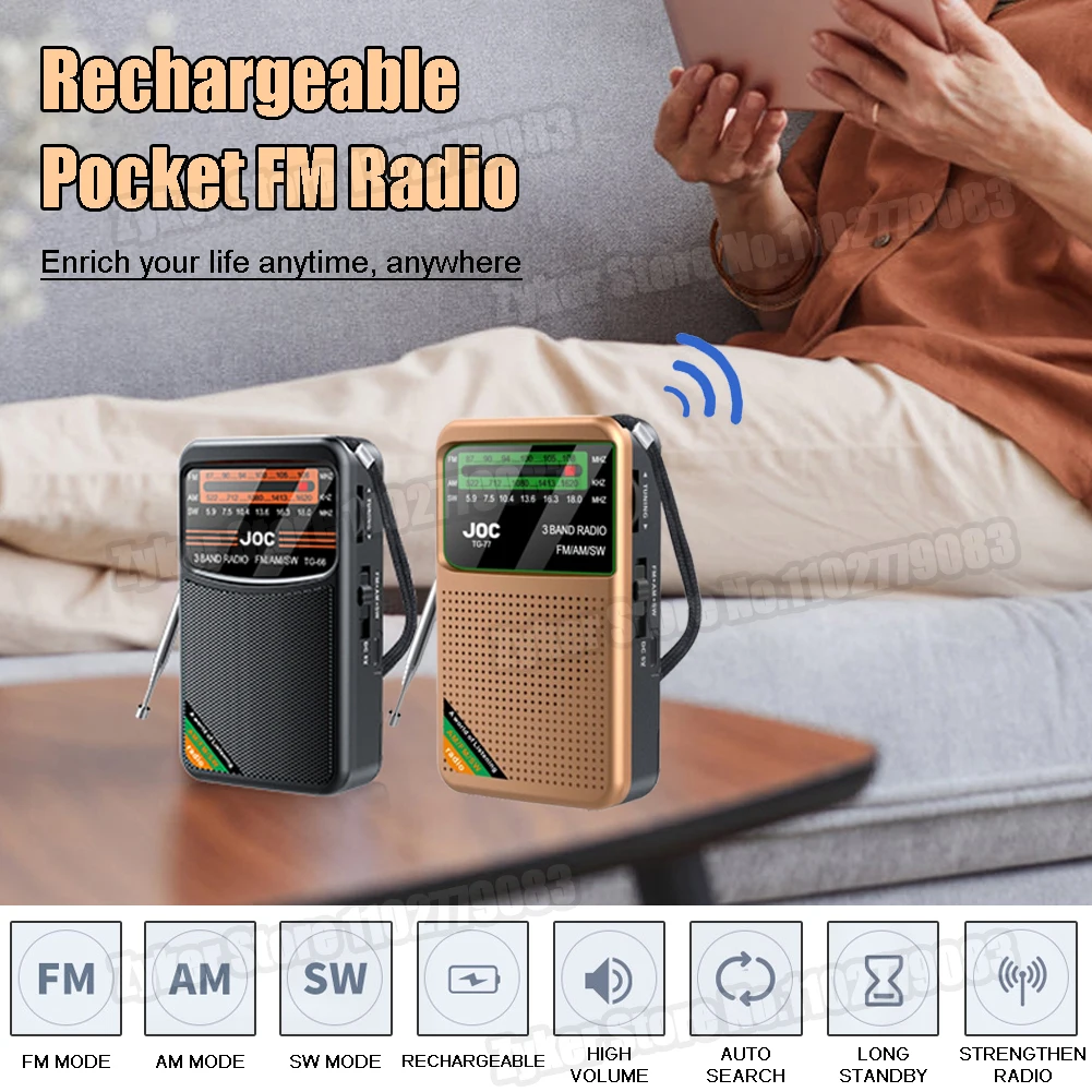 TG77 Full Band Mini FM AM Radio Pocket Radio Type-C Battery Operated Radio Built-in Speaker Radios With Display Screen for Elder