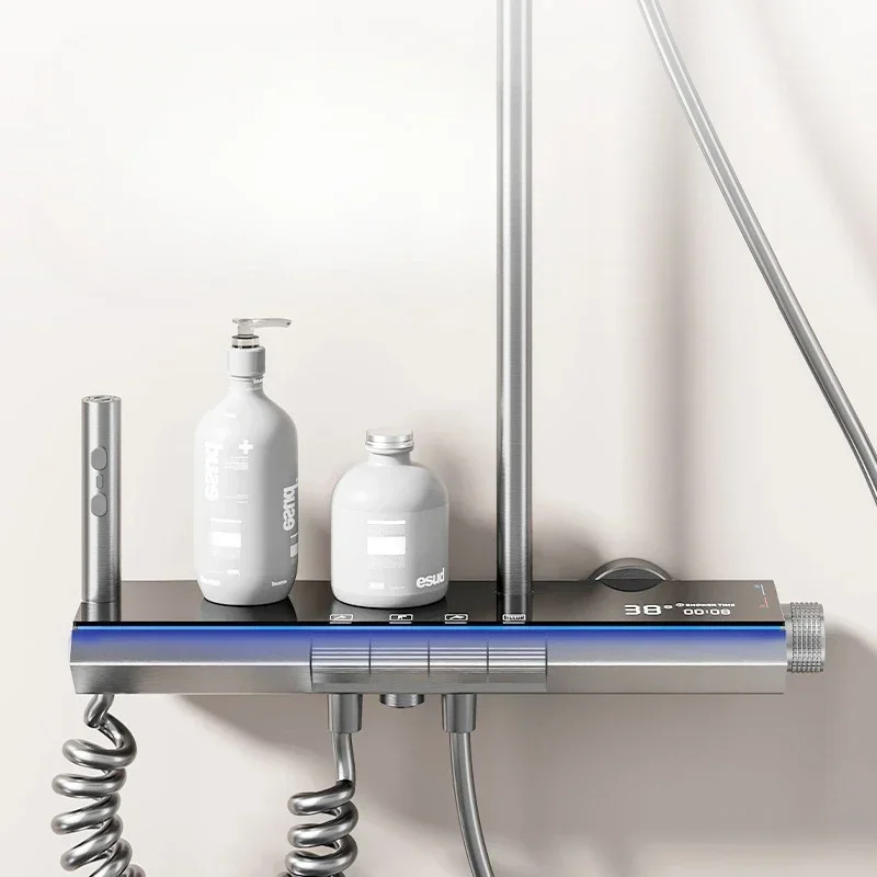 Bathroom Drizzle System Set Space Aluminum Shower System,LED display Matte Gray Pressurized Shower Bath Shower Set Home 4