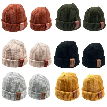 Baby Knit Hat for Boys Girls Autumn Winter Warm Kids Beanie Adult Children Parent-Child Hats Newborn Baby Cap with Leather Label 1