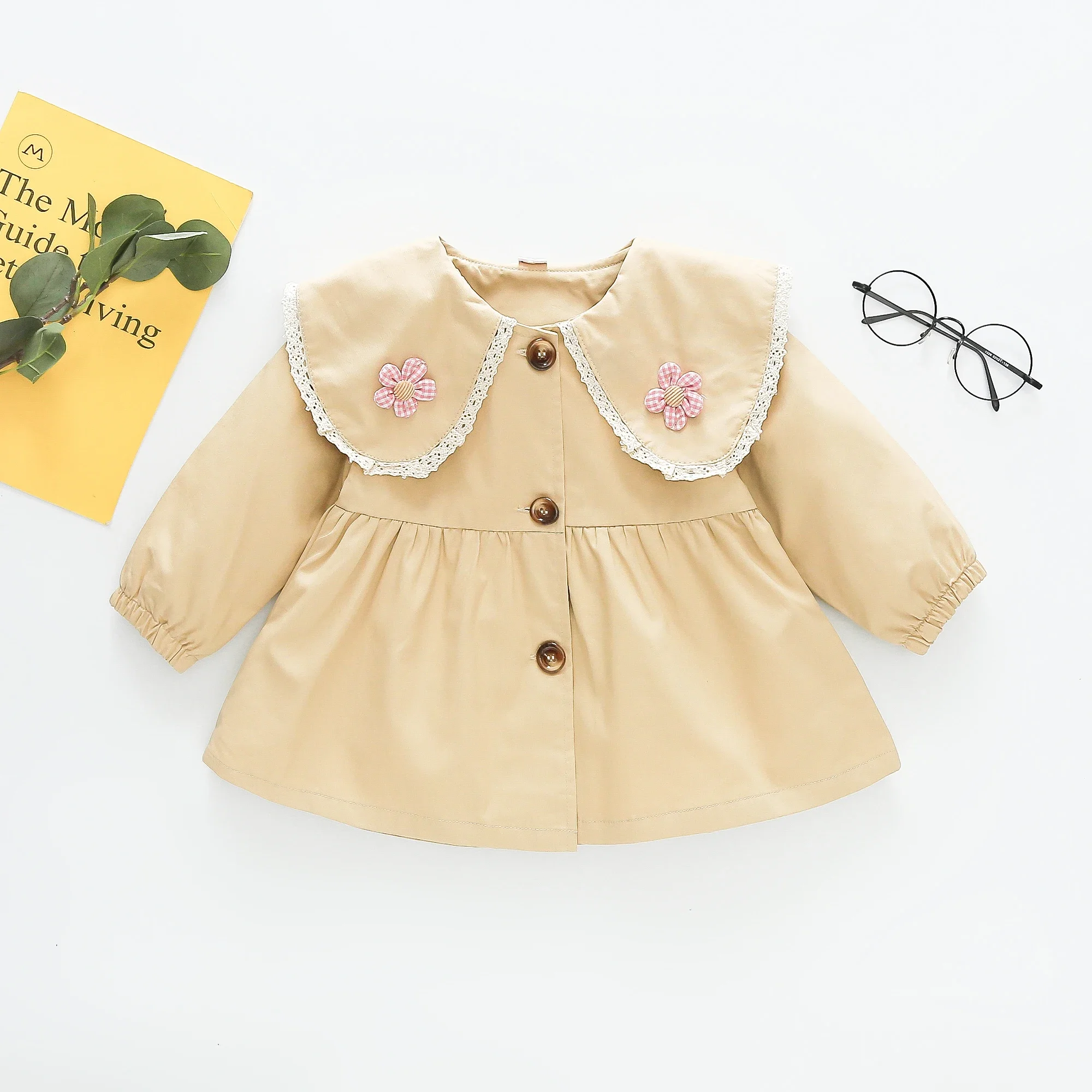 Coat Girl'S Windbreaker Spring And Autumn Flower Lace Doll Neck Long Sleeve Solid Color Simple Fashion Doll Shirt Korean Version