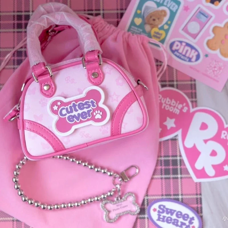 

Xiuya Sweet Pink Handbag Letter Bone Applique Star Flower Print Shoulder Bag New American Style Vintage Sweetheart Crossbody Bag