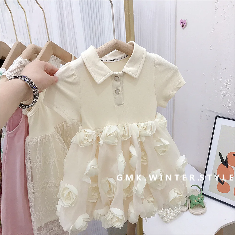 

Summer Young Babys Girl Polo Dress Cotton Short Sleeve Thin Toddler Girls Vestidos Solid 3D Flower Mesh Kids Girl Princess Dress