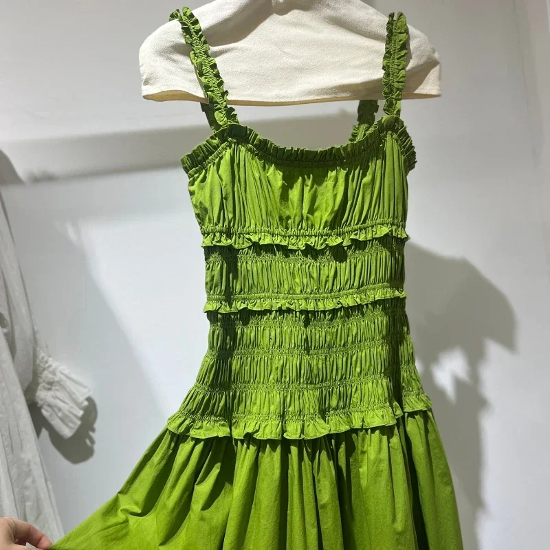 Summer Classic Poplin Square Neckline Gathered Bust Petite Ruffles Patchwork Emerald Green Black Midi Dress
