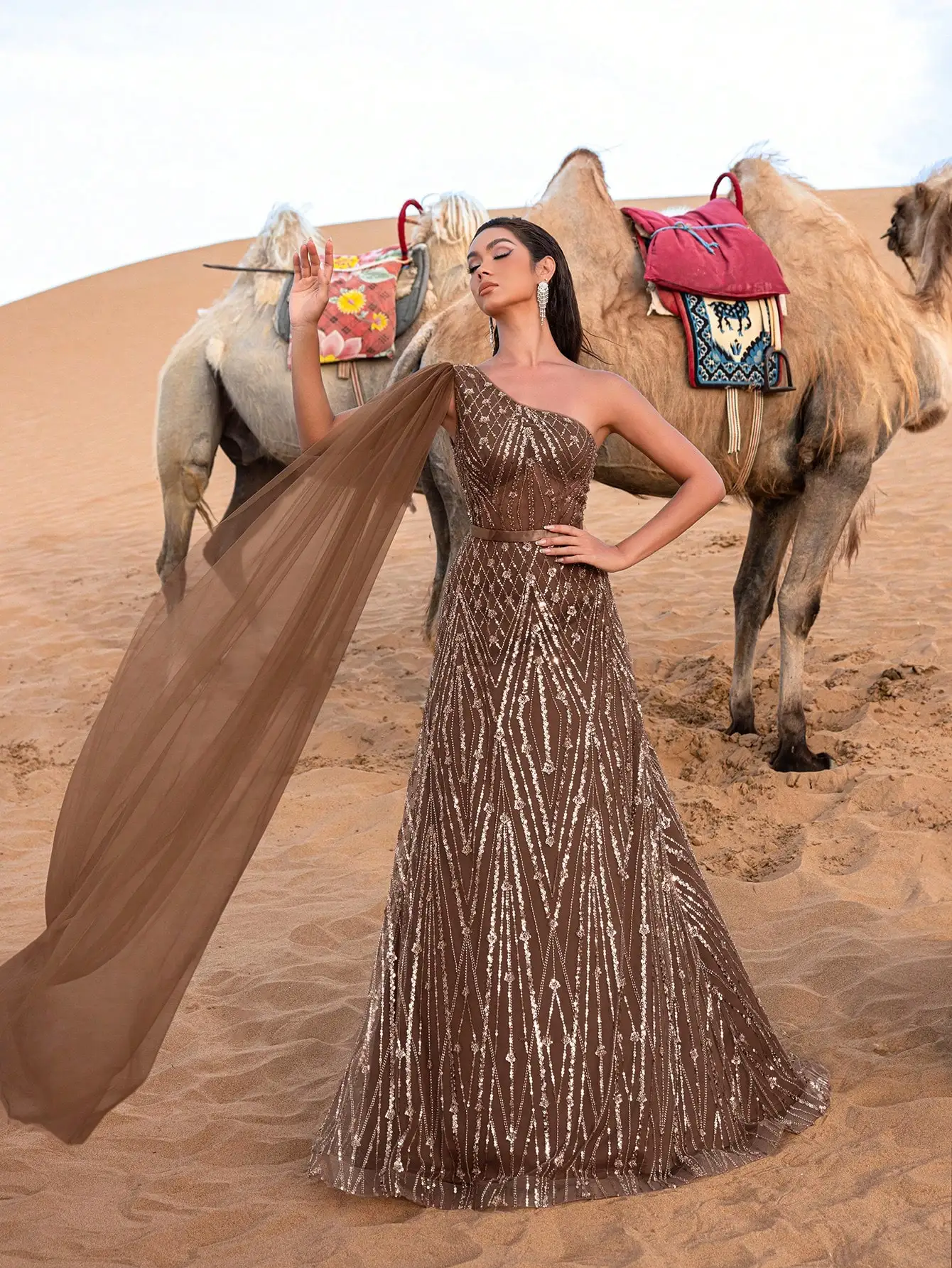 فساتين رسمية رائعة بكتف واحد وأكمام كيب مطرزة بالت...