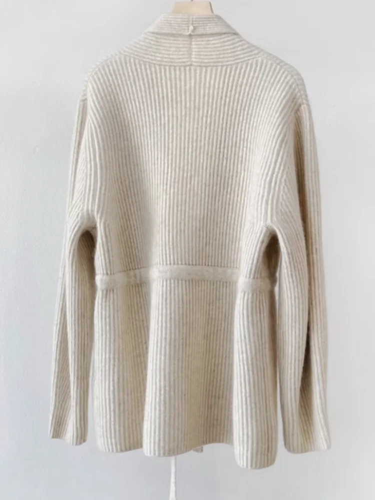 100% wool cardigan women's loose jacket for autumn and winter, mid to long style with tie up and waist cinching knit sweater 4