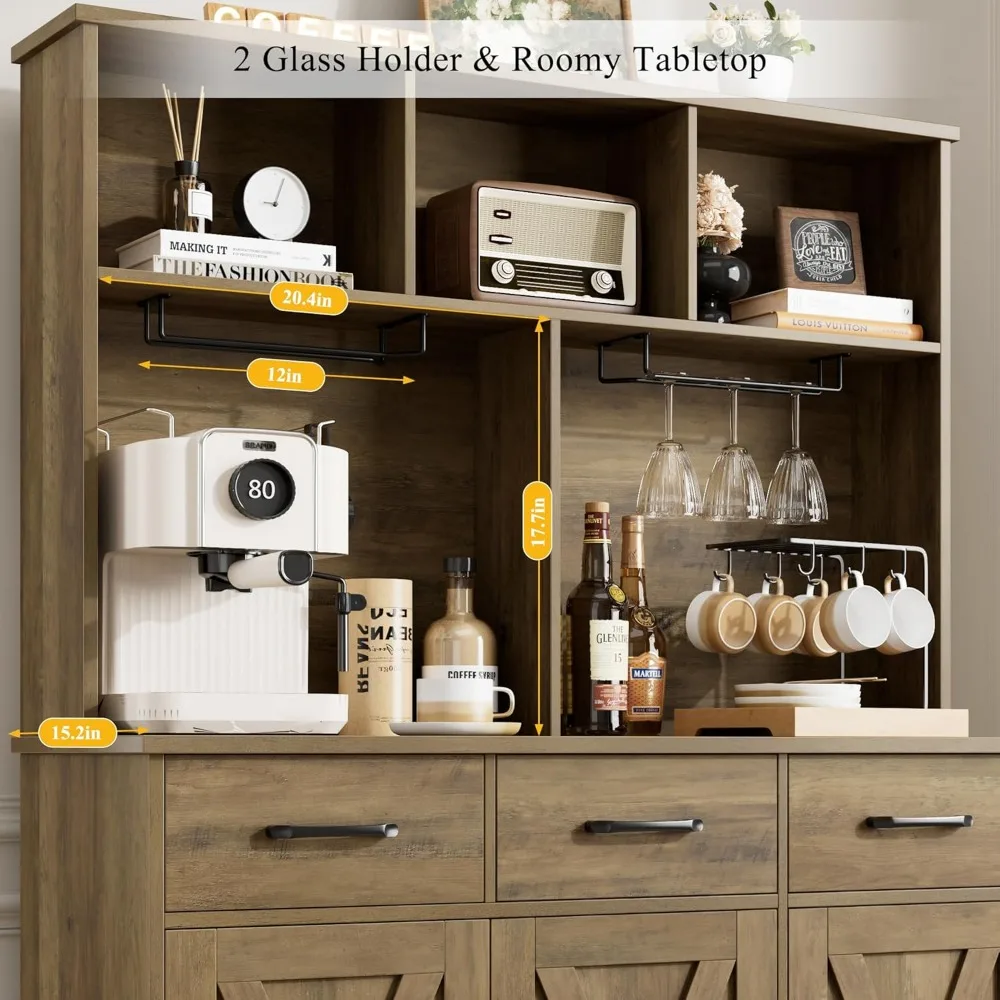 HOSTACK Buffet Cabinet with Hutch, Modern Farmhouse Kitchen Buffet Sideboard Storage Cabinet with 3 Drawers, Barn Door Coffee