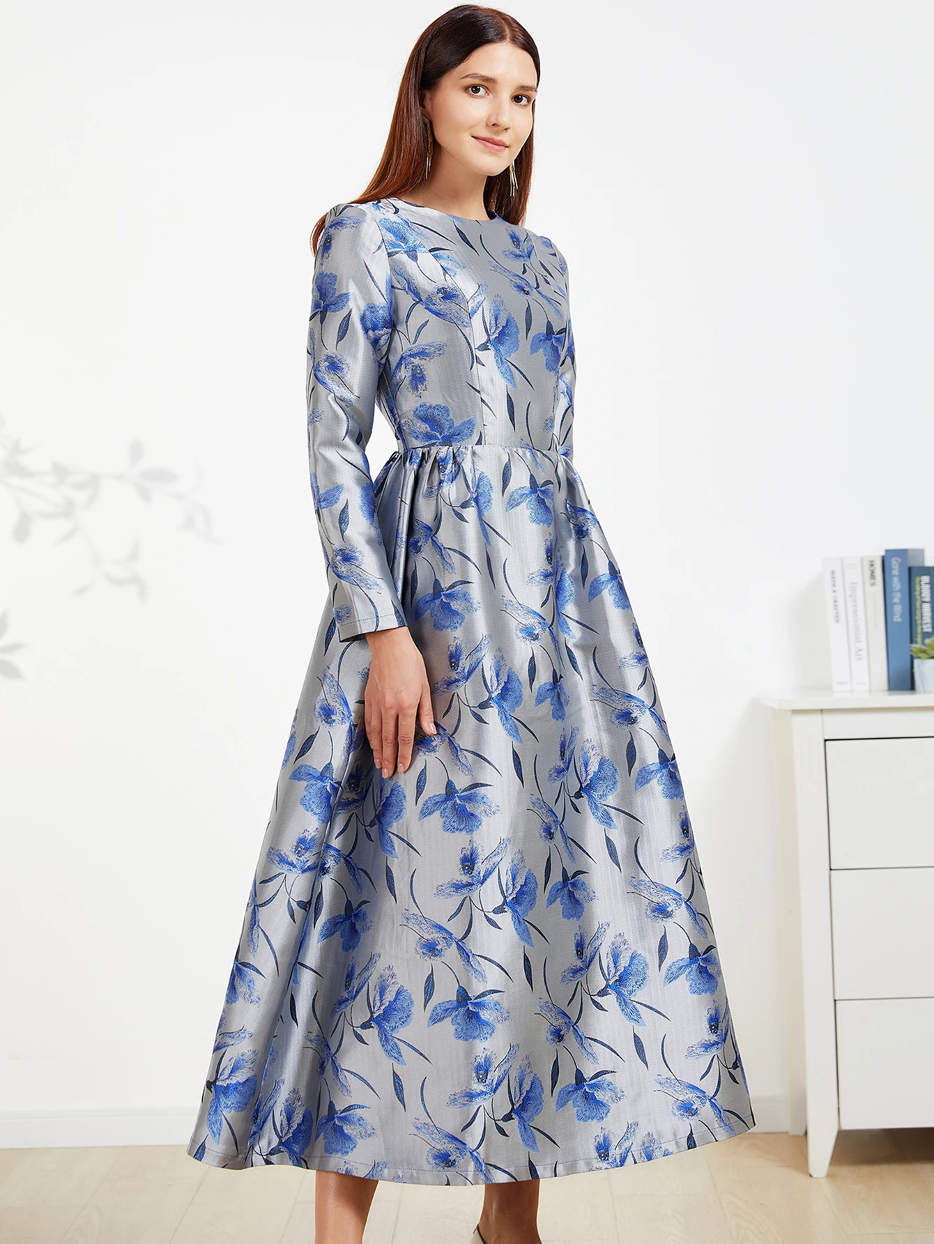 DEVCHATA Luxus Frauen Lange Maxi Frühling Jacquard Kleid Elegante Party Kleider Langarm Abend Kleidung Floral Robe – Detail 7