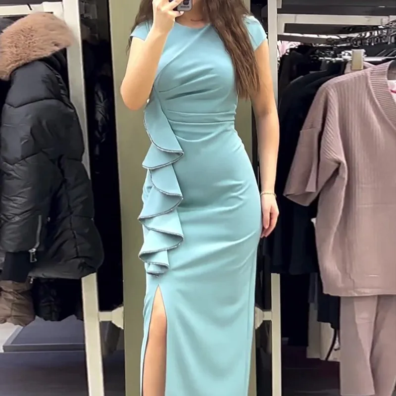 

2024 Slim Fit Side Split Sexy Dress for Women Short Sleeve Tight Waist Female Dresses New Solid Holidays Party Woman Long Frocks