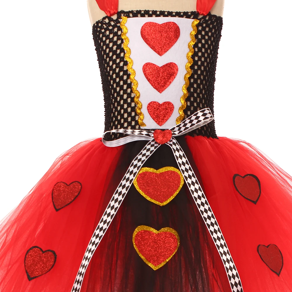 Girls Queen of Hearts Costume Kids Halloween Dress up Fancy Tutu Dress with Crown Classic Wonderland Red Queen Gown Clothes