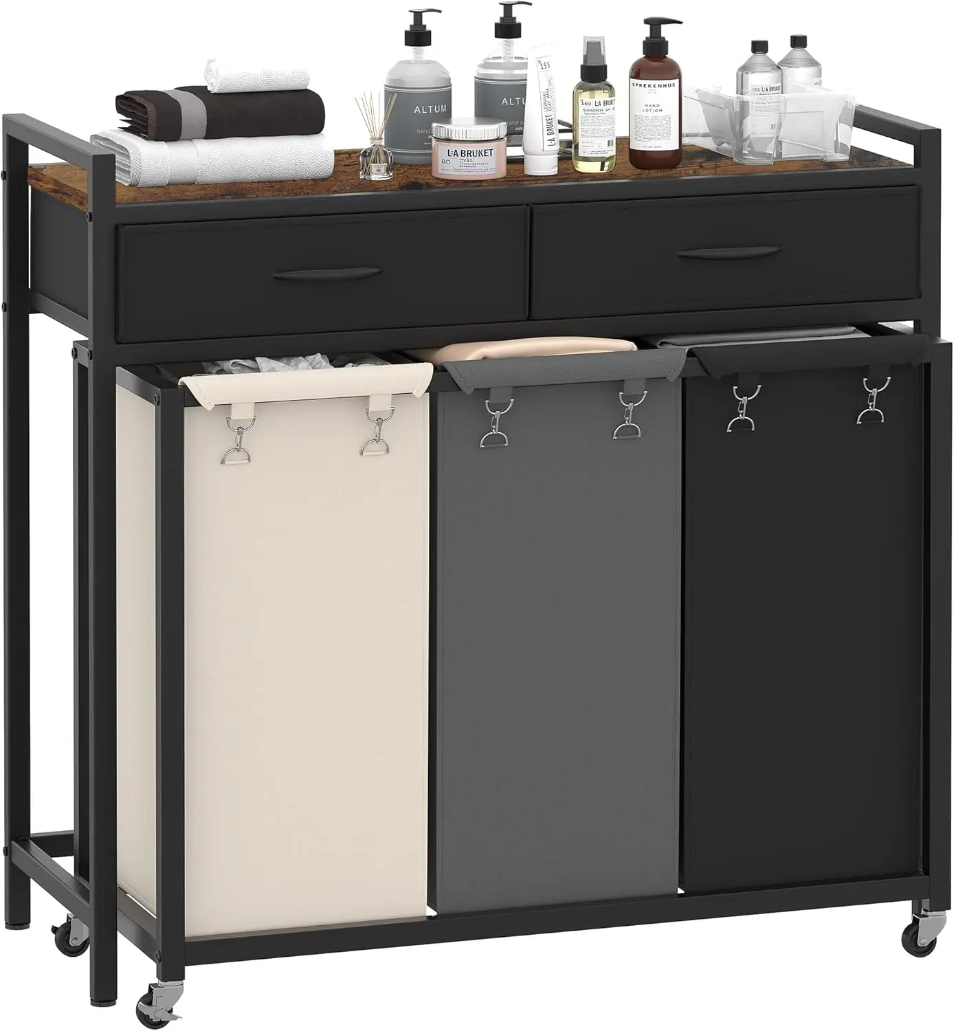 Laundry Hampers, 126L Laundry Basket with 3 Section Pull-Out Rolling Bags,Laundry Sorter with 2 Pull-Out Storage Drawers for