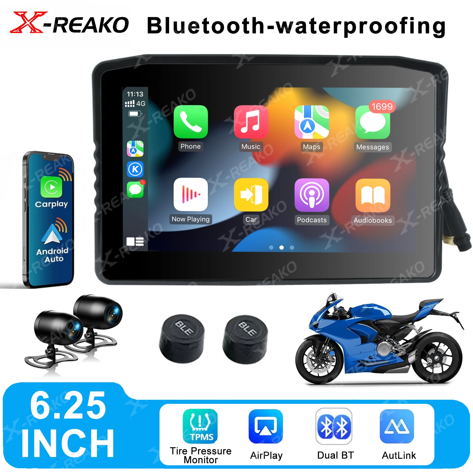 X-REAKO 6.25-inch MP5 Motorcycle Portable PND Voice Assistant GPS Bluetooth HD Touch Screen TPMS DVR Android Auto&Carplay