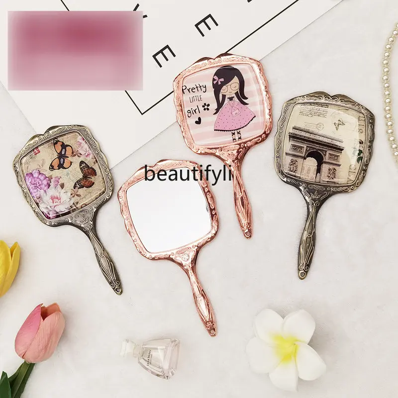 

yj Retro Metal Square Handle Mirror Makeup Mirror Princess Portable Portable Small Square Glasses