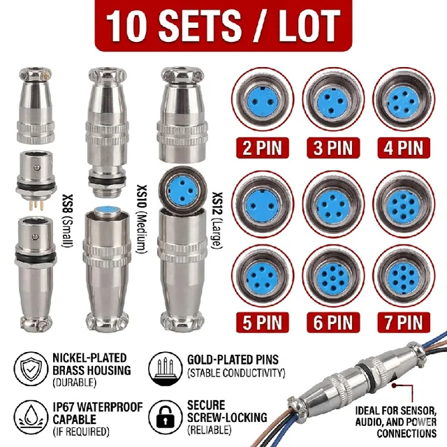 10SETS XS8 XS10 XS12 Aviation Connector Push-Pull Self-Locking Plug & Socket 2/3/4/5/6/7 Pin Gold-Plated Terminal Adapter Set 1
