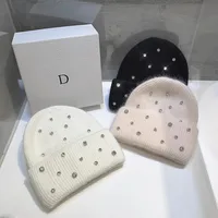 2024 Luxury Rhinestone Winter Hats for Womem Elegant Fashion Designer Angola Warm Beanies Soft  Solid Adult Cover Head Cap 2