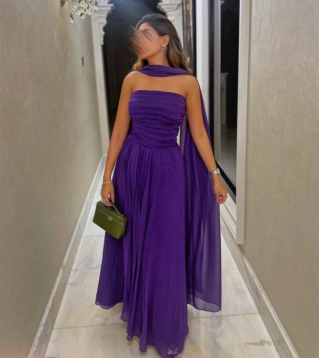 

Elegant Long Purple Strapless Chiffon Prom Dresses A-Line PleatS Floor Length Abendkleider Robes de Soirée for Women