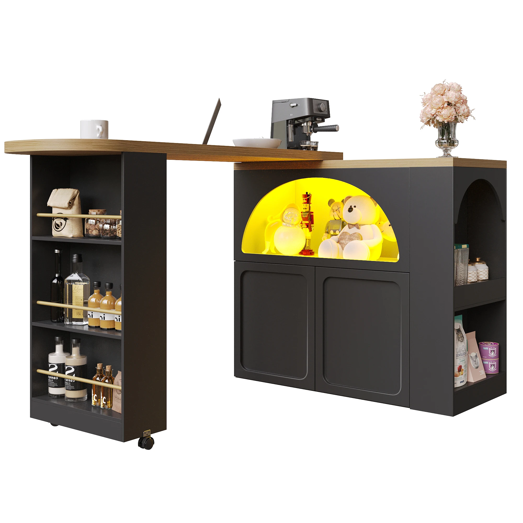 Ausziehbarer Bartisch mit Stauraum (135–205 x 39 x 100 cm), moderner beweglicher Bartisch, Teleskop-Bartisch mit LED-Beleuchtung – Detail 13