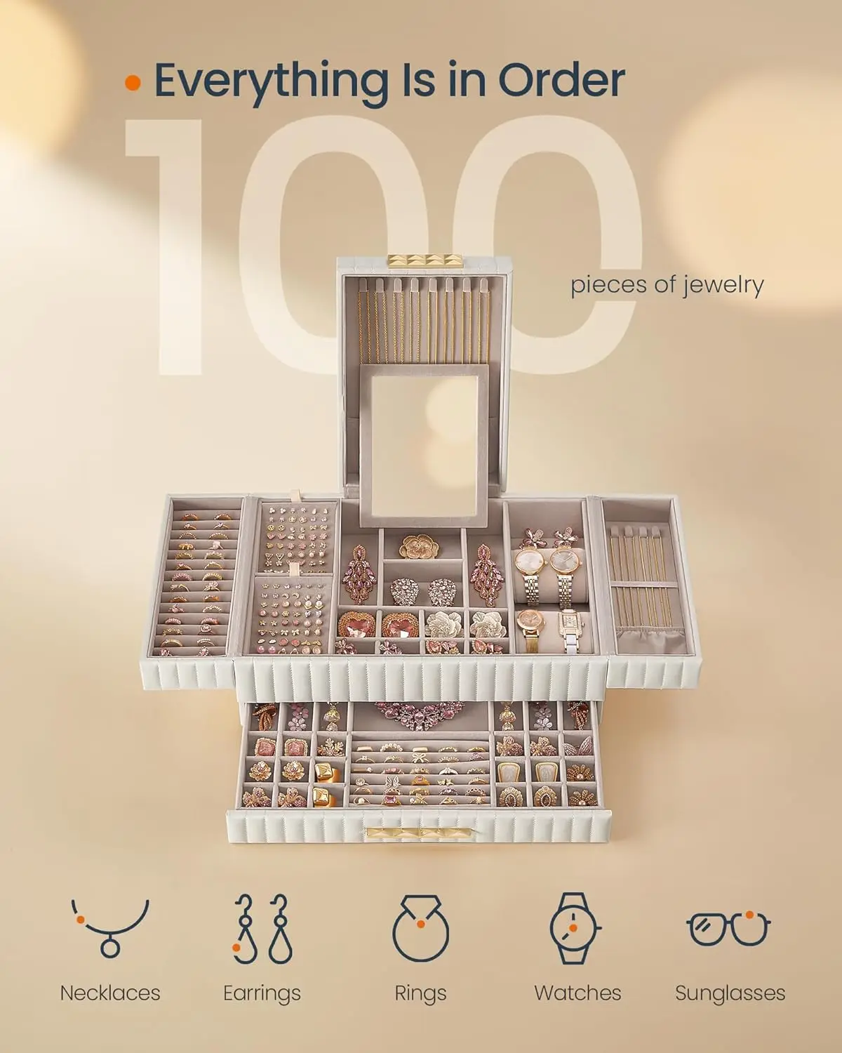 Large capacity jewelry box with mirror, jewelry storage with drawers, PU surface with stitching, 10.6 x 15 x 6.3 inches 4