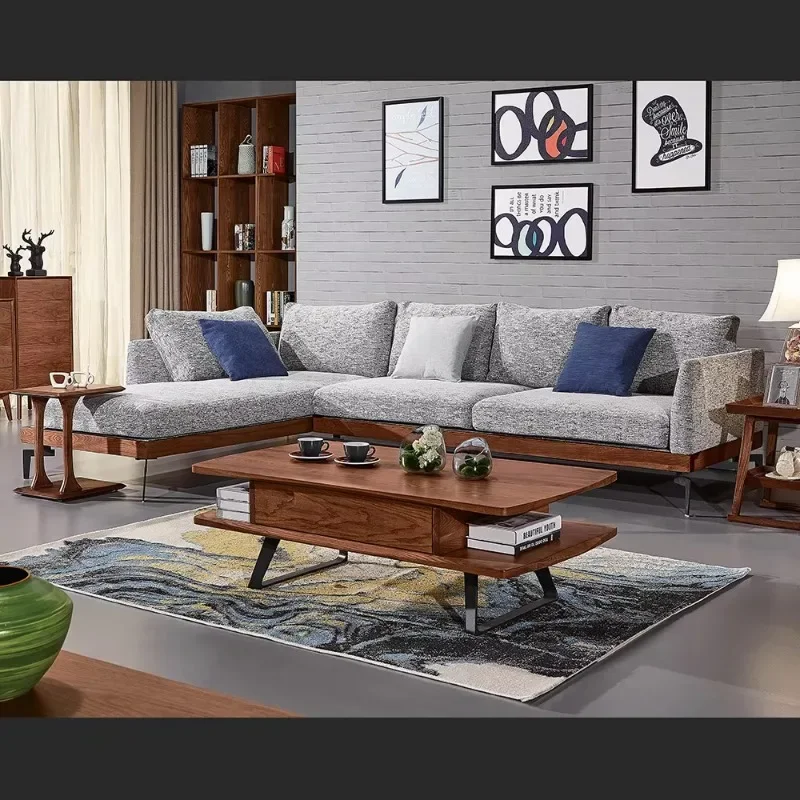 Modern design brown solid wood modular sofa wooden coffee table Nordic living room set