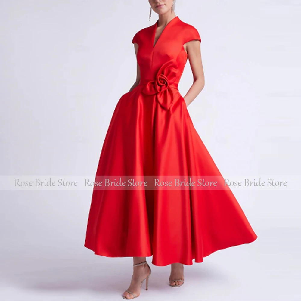 Elegant Women's Cocktail Party Gowns Pink Satin Handmade Flower Ruched A-line Poretrait Midi Dresses Bespoke Occasion Gowns