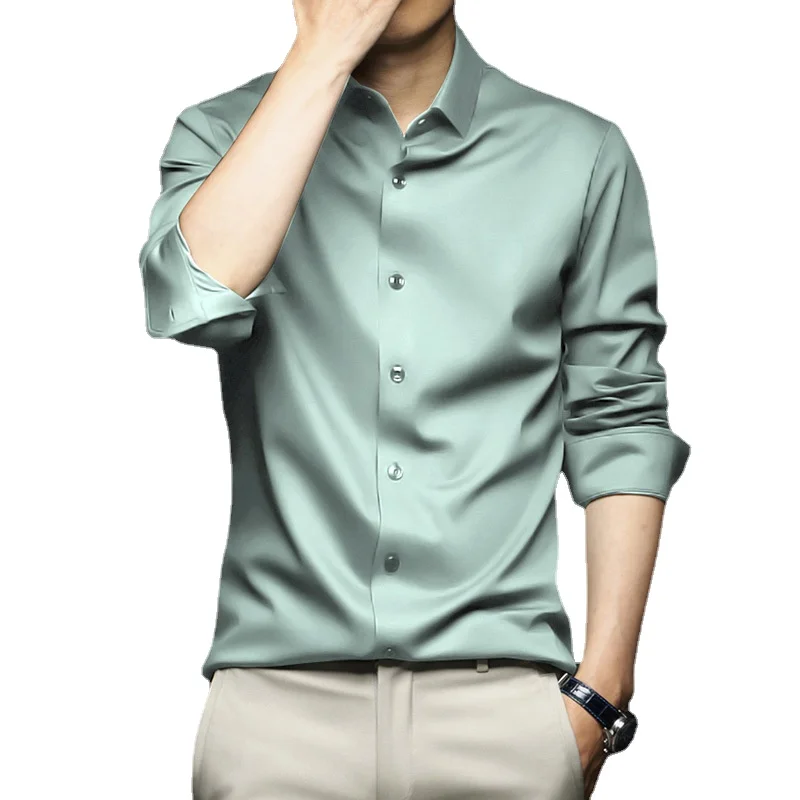 Dress Shirts Men Long Sleeve Slim Fit Luxury Smooth Soft Anti-wrinkle Non-ironing Solid Color Ice Silk Shirts 6XL