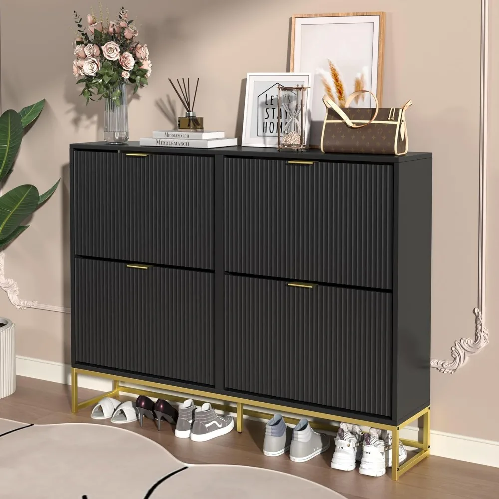 Shoe Cabinet Storage for Entryway, Modern Slim Shoe Organizer, Tipping Shoe Cabinet with 2 Flip Drawers Fluted Panel, 3