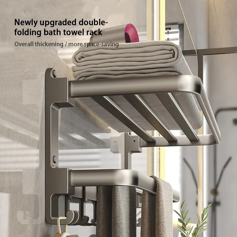 Towel Rack Bi-Fold 24 Inch Towel Storage Wall Mount With Bar Holder Shelf Movable Hooks Rust Proof For Bathroom