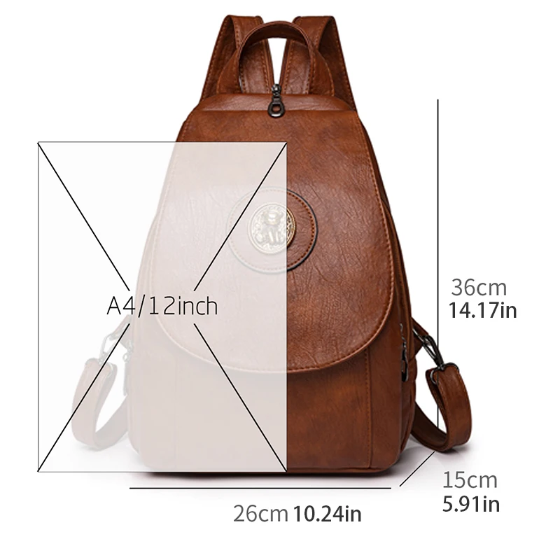 Retro women's synthetic leather backpack, adjustable shoulder straps, multiple compartments, multiple carrying methods, suitable
