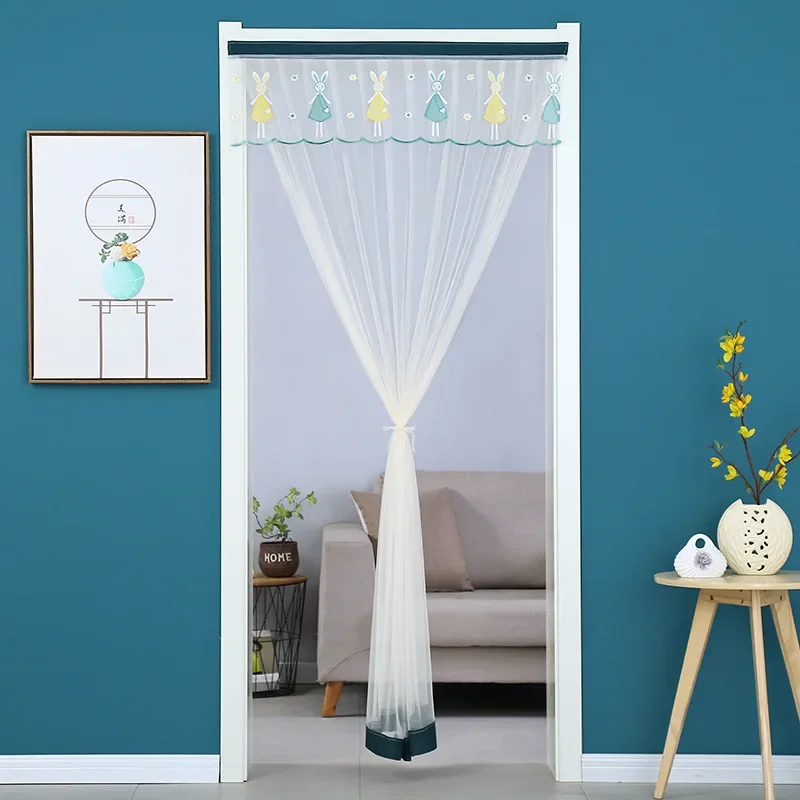 Breathable Lace Embroidered Door Curtain, Punch-free Mosquito Screen Curtain, Bedroom Partition Curtain, Single Layer, 1Pc