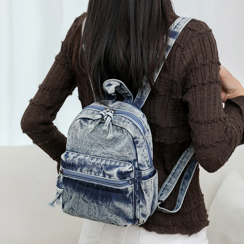 Zaini in Denim lavato piccola tela per il tempo libero o borse da viaggio pacchetti da donna moda stile Preppy zaini piccoli borse per libri di stoffa - immagine 3