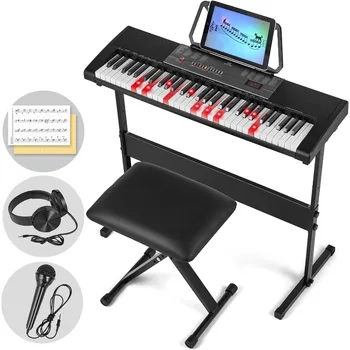 Piano Keyboard with Lighted Up Keys, Learning Keyboard Piano 61 Keys for Beginners, MEKS-700 Electric Piano Keyboard with Bench