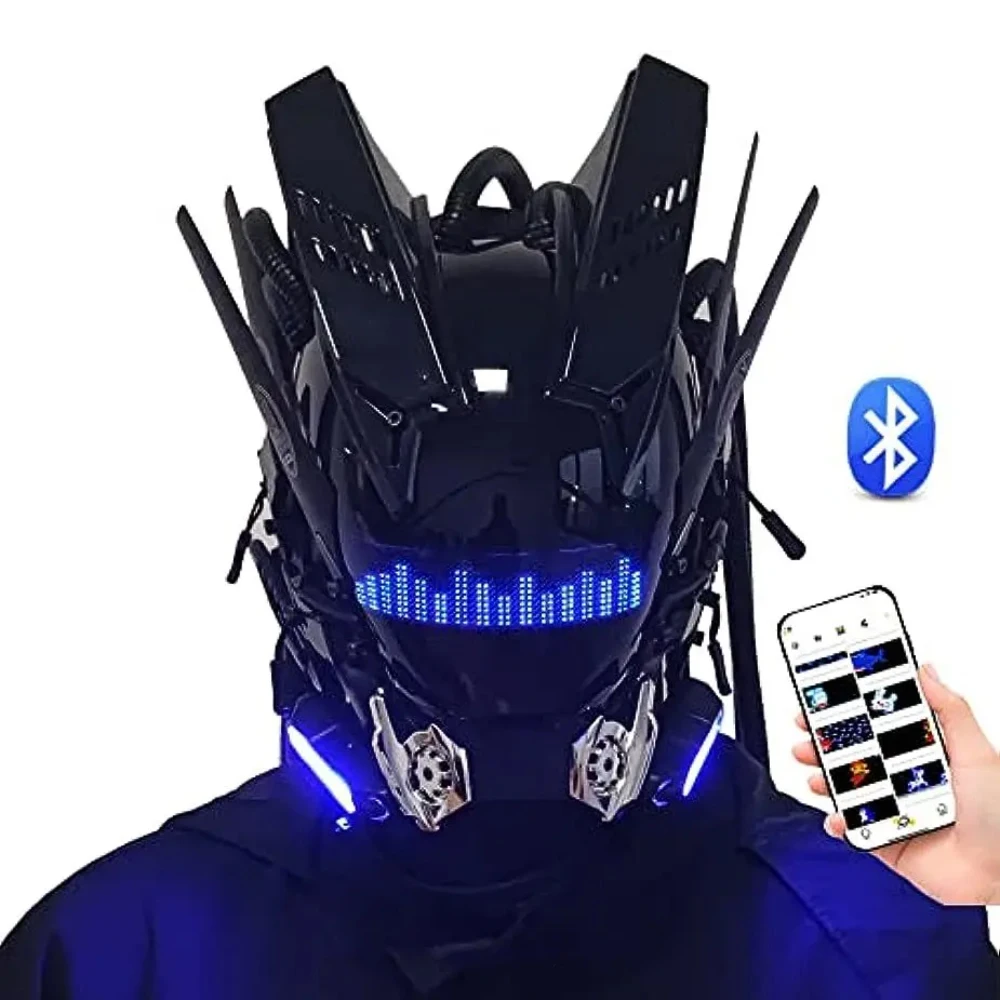 JAUPTO Punk Mask Cosplay pour hommes, masque Techwear APP Bluetooth, accessoire de costume de cosplay d'Halloween avec lampe LED, masque futuriste