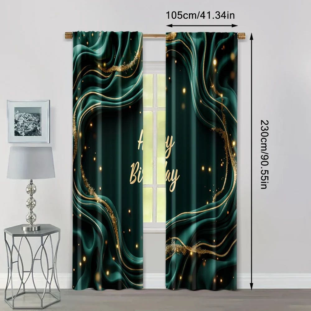 2pcs, Curtain Fabric 2D print Emerald Green & Golden Happy Birthday Machine Washable Fabric (without rod) Room Decor for Bedroom 4