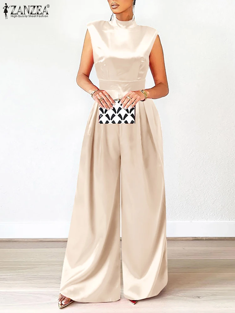 ZANZEA Wide Leg Pant Women Overalls Sleeveless Satin 2023 Summer High Collar Party Jumpsuit Elegant Fashion High Waist Jumpsuits
