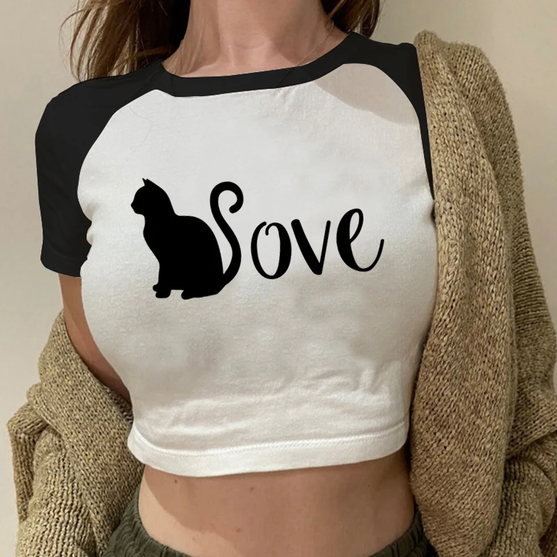 

Футболка женская с графическим принтом и круглым вырезом, короткий винтажный Топ в стиле Харадзюку, с рукавами реглан, с забавным принтом в виде кошки, уличная одежда, на лето