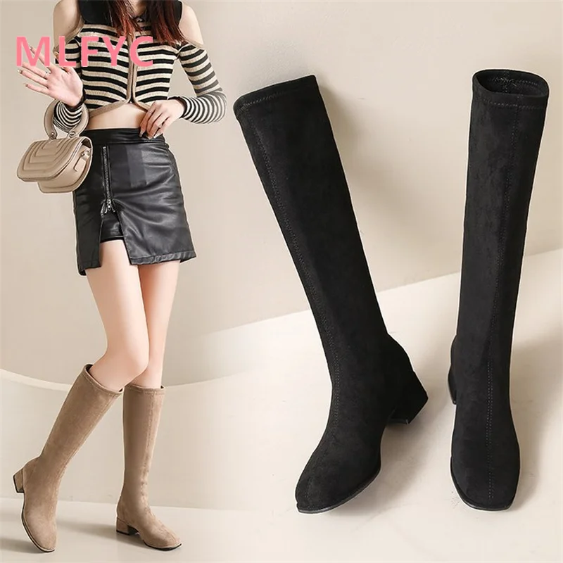 Knee length elastic boots long boots women's winter thick heels high heels new square toe boots long legs high boots
