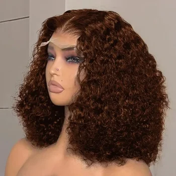 Chocolate Brown Bob Wig Curly Human Hair Water Wave 13x4 Curls Wigs Lace Front Frontal 13x4 Glueless wig Short Wig Pre Plucked 1