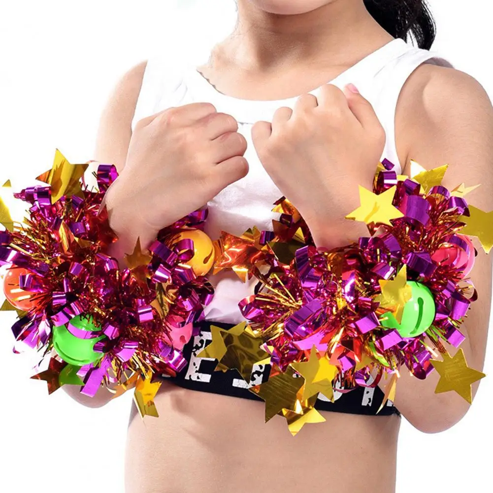 2Pcs Wrist Flower with Star Bell Decor Cheerleading Cheer Elastic Band Bracelet Holiday Celebration Metallic Sparkling Wrist Acc