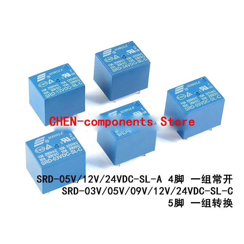 

10PCS SONGLE Relay SRD-03V/05V/09V/12V/24V/48VDC-SL-A SRD-03V/05V/09V/12V/24V/48VDC-SL-C Blue 5V 12V 24V SRD Power Relay 4/5Pins