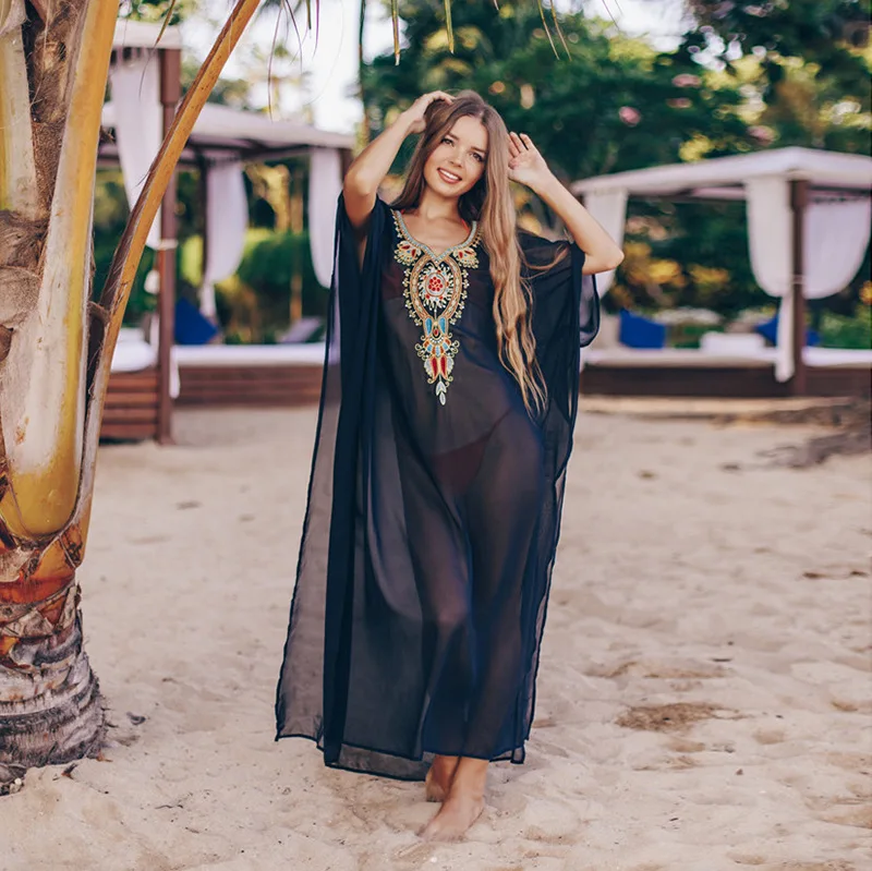 Women Embroidery Chiffon Swimwear Turkish Kaftans Swimsuit Cover up Caftan Beach Long Dress 1