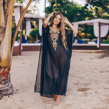Women Embroidery Chiffon Swimwear Turkish Kaftans Swimsuit Cover up Caftan Beach Long Dress 1
