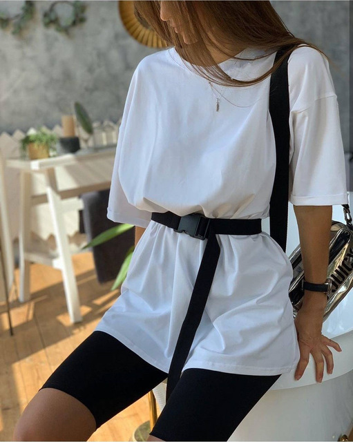 Summer Women Set O Neck Loose Short Sleeve Top Shirt and  Bodycon Cycling Shorts Women Bottom Suit Two Piece Sets Outfit