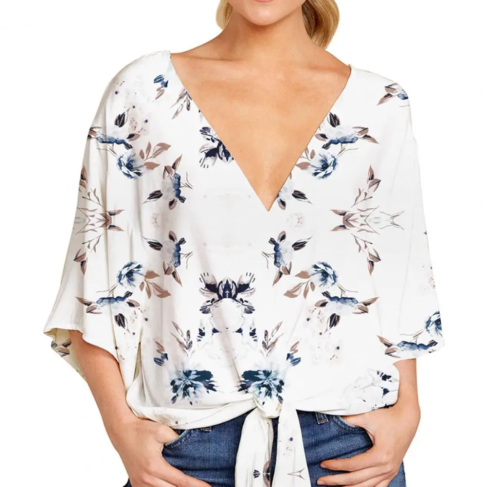 

L-4XL Elegant Women Summer Shirt Lace Up Knot Decor Three Quarter Sleeves Deep V Neck Flower Print Plus Size Office Lady Blouse