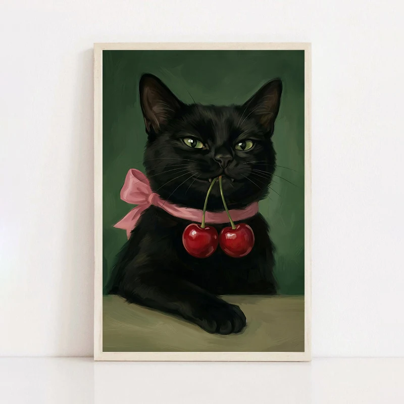 Charming Black Cat & Desserts Art Canvas