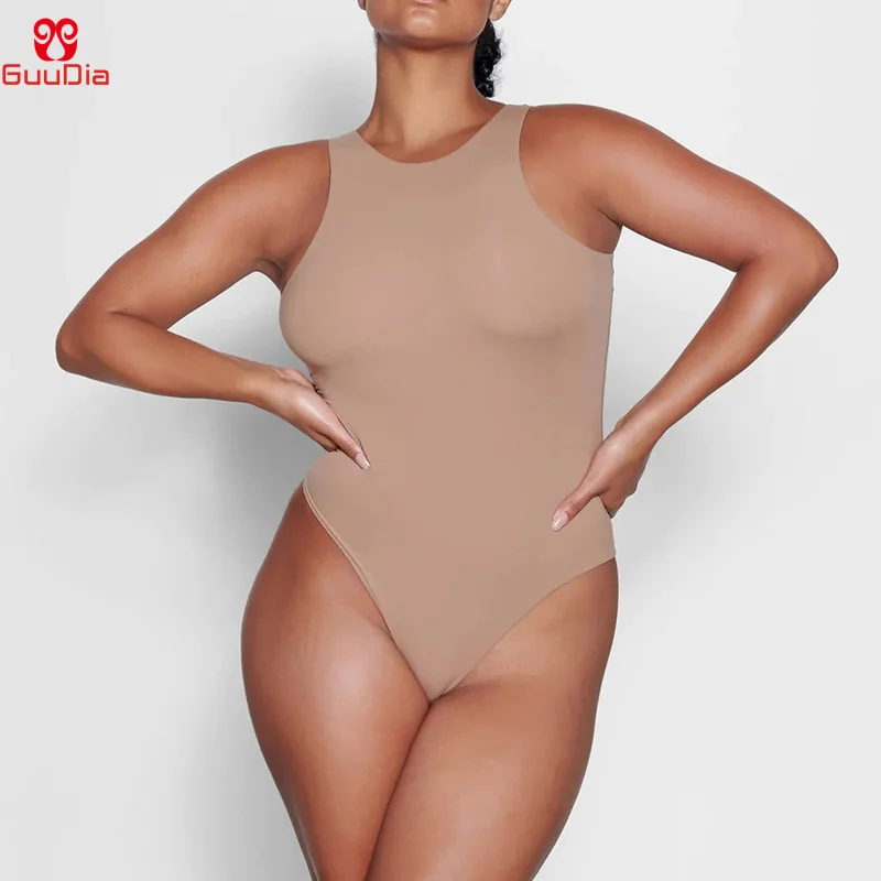 

GUUDIA Super Elastic Stretchy Shapewear String Thong Bodysuits Body Shaper Light Control Open Crotch Halter Shapers Cream Feel