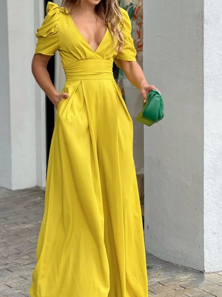 Wmstar 2025 New Summer Women Fashionable and Elegant Jumpsuits Short Sleeve Wide Leg Jumpsuits Solid Color Self Cultivation