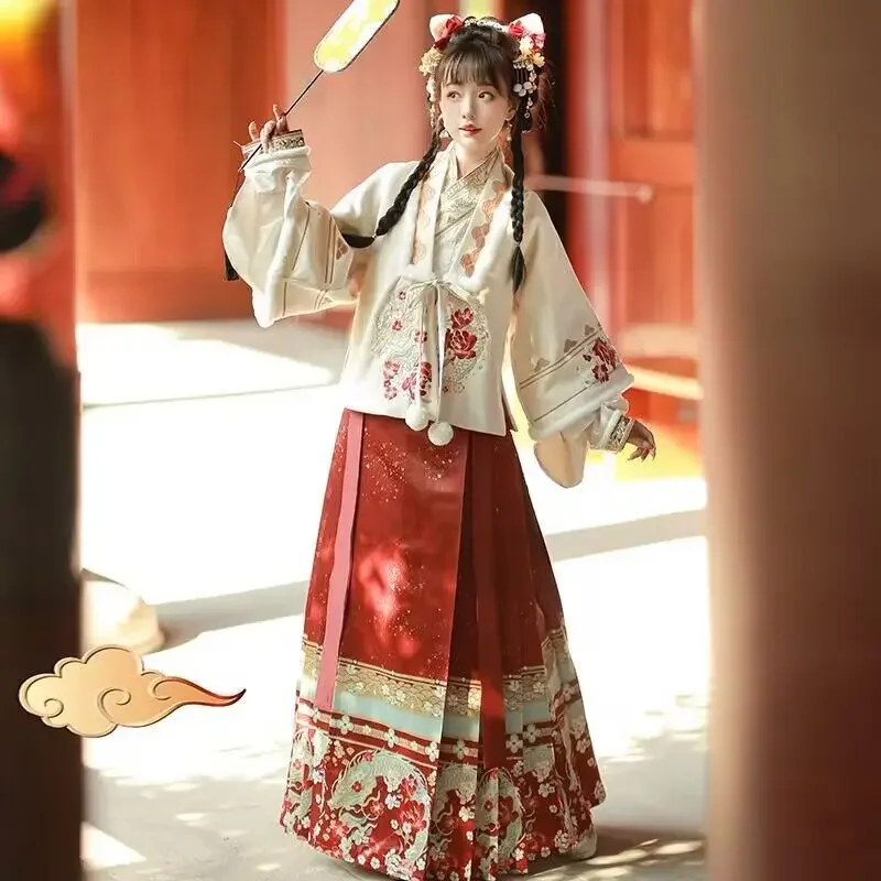 

2023 Winter Warm Hanfu Dress Women Chinese Traditional Embroidery Hanfu Blue Yellow Sets 2024 Female Christmas New Year Costume